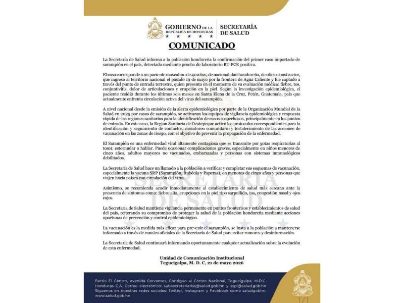 Comunicado oficial de las autoridades de Salud.