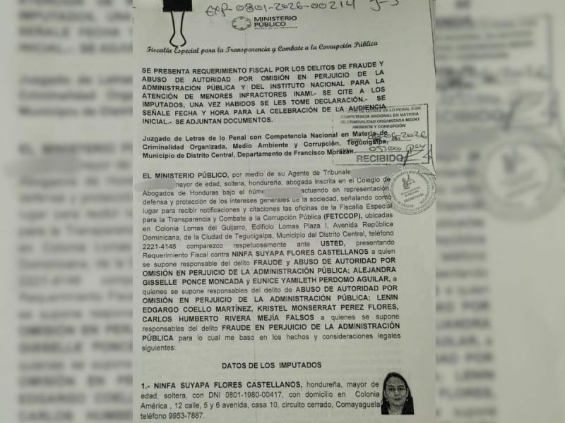 Requerimiento fiscal librado por el MP contra la exdirectora del INAMI.