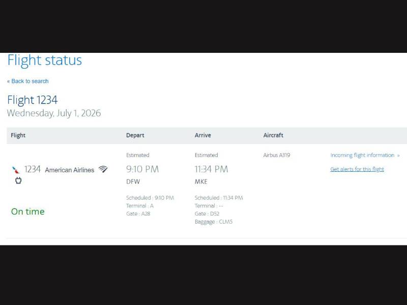 Captura de pantalla a itinerario de vuelo de American Airlines del 1 de julio de 2026.