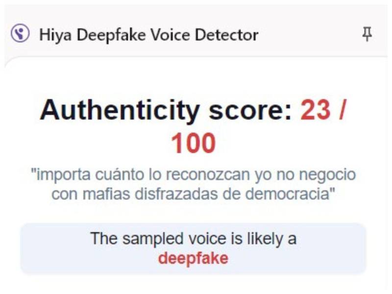 Captura de pantalla a los resultados de Hiya Deepfake Voice Dectector sobre el análisis del video.