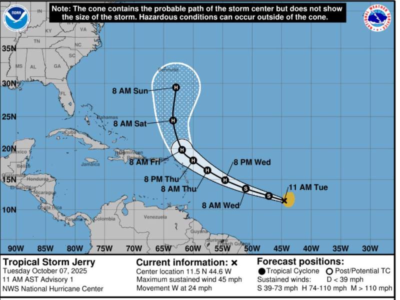 La trayectoria de la tormenta tropical Jerry.