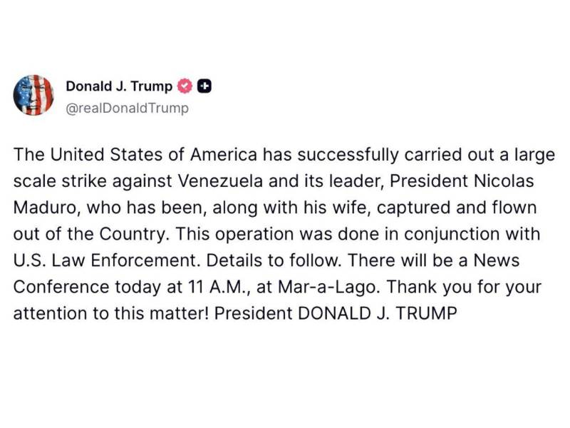 Mensaje del presidente Donald Trump en su red social Truth Social.