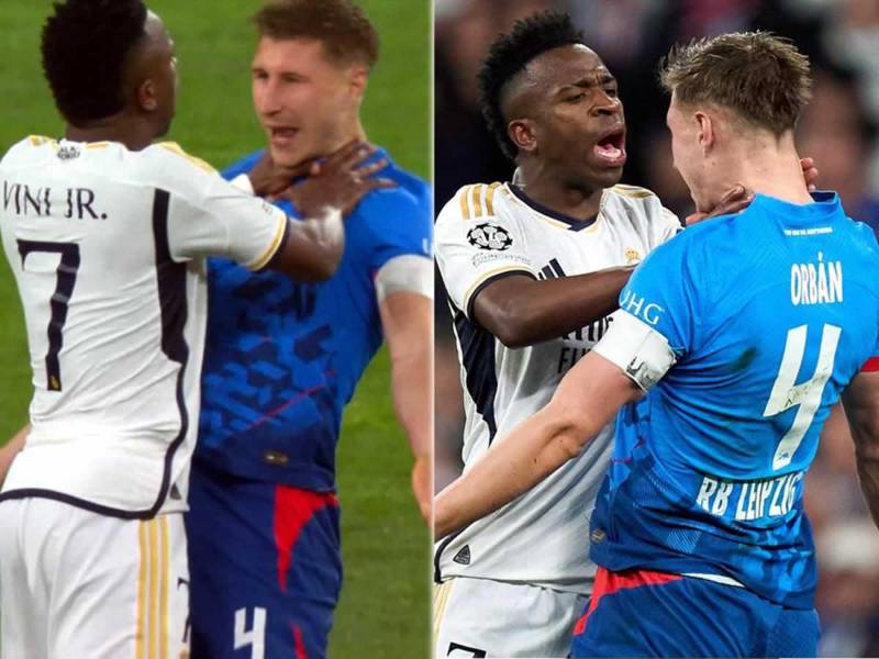 Vinicius le dio un empujón con las manos en el cuello al jugador Willi Orban del RB Leipzig.
