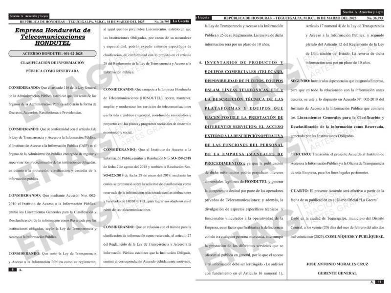 El acuerdo publicado el 18 de marzo pasado en el diario oficial La Gaceta, emitido por Hondutel.