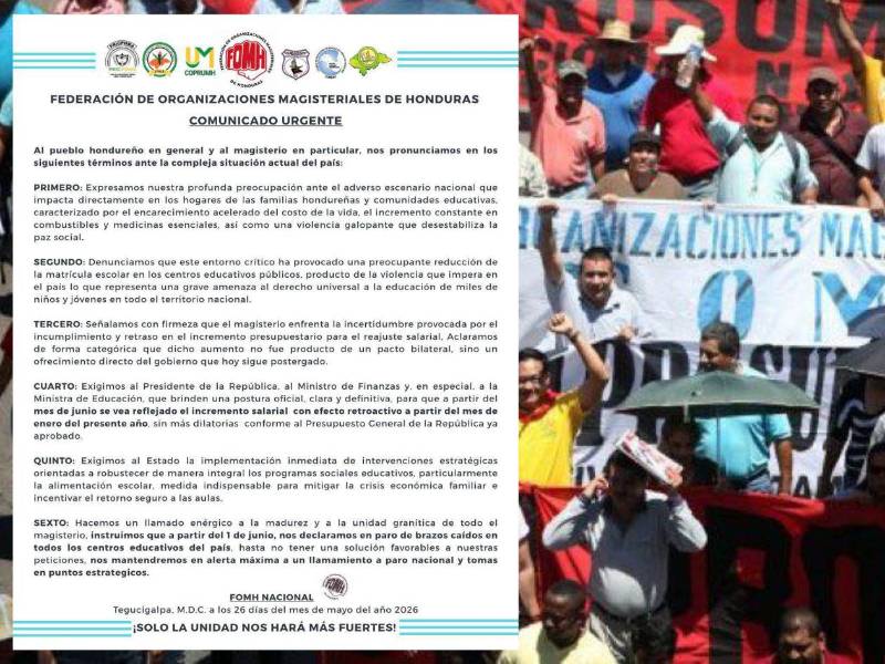 La Federación de Organizaciones Magisteriales de Honduras (Fomh) anunció un paro de brazos caídos en todos los centros educativos del país a partir del 1 de junio, ante el incumplimiento del gobierno en el reajuste salarial prometido, así como mayor inversión en alimentación escolar.