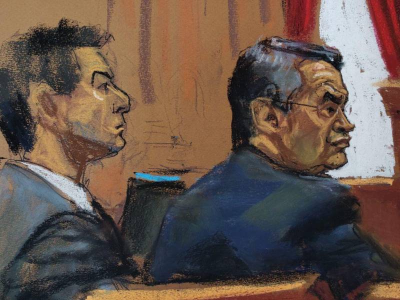 Ilustración del expresidente Juan Orlando Hernández en el primer día de su juicio en la Corte del Distrito Sur de Nueva York.