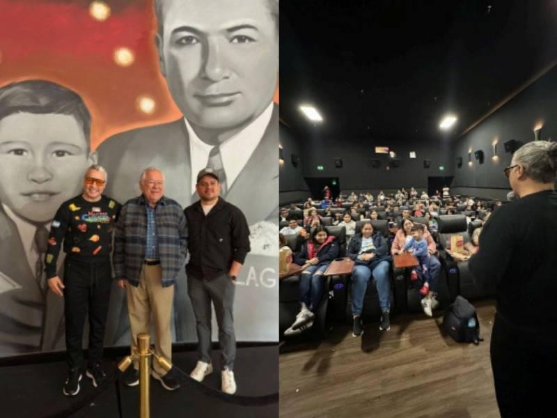 En la primera imagen aparecen Carlos Membreño junto al productor y activista cultural Monteczuma Esparza y el cineasta salvadoreño Ronald Algarín. En la segunda, se ve al público llegando a la la sala de cine en Milagro Cinemas.