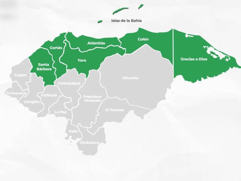 Arte gráfico de los departamentos de Honduras de la alerta verde emitida por Copeco.