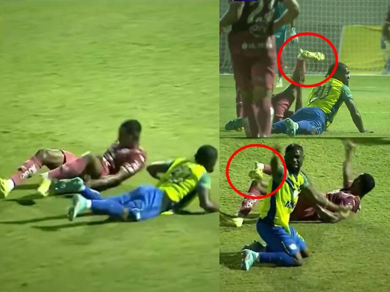 Romario Da Silva, del Motagua, se lesionó de gravedad en una disputa del balón con Marlon 'Machuca' Ramírez del Olancho FC.