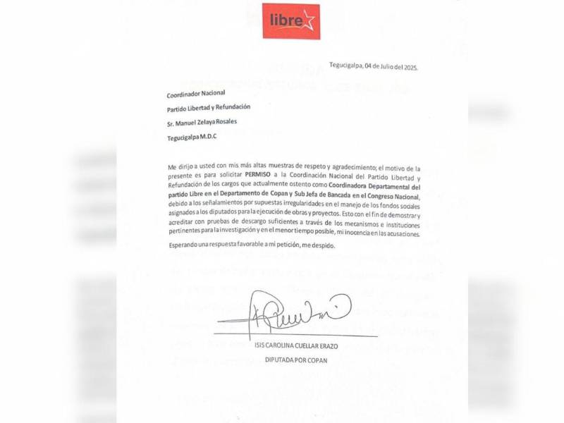 Carta de Isis Cuéllar dirigida a la Coordinación General del Partido Libertad y Refundación (Libre).
