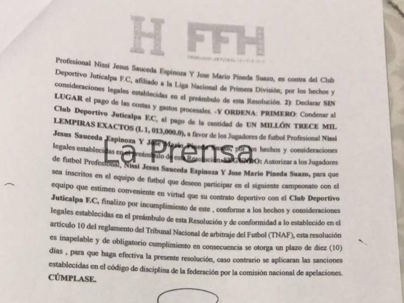 Documento oficial del <b>TNAF con el fallo favorable a los futbolistas José Pineda y Nissi Sauceda. </b>