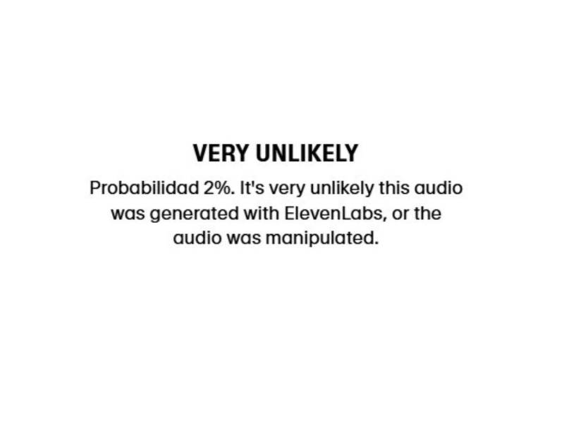 Captura de pantalla a los resultados de la herramienta ElevenLabs sobre el análisis del audio.