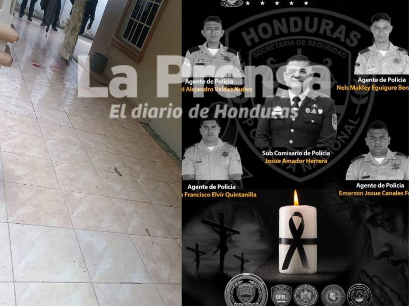 A la derecha, los rostros de los cinco policías que fueron asesinados en Corinto y a la izquierda, así fue como encontraron la casa en donde se perpetró la masacre.