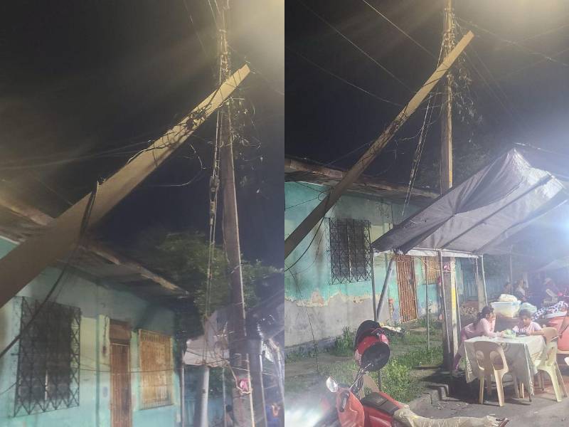 Vista del poste del tendido eléctrico caído en el barrio Paz Barahona de San Pedro Sula.