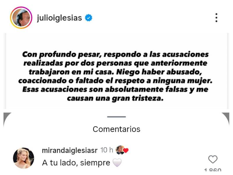 Miranda en señal de apoyo al padre de sus hijos, le dio Like al mensaje posteado del cantante, también escribió A tu lado, siempre.