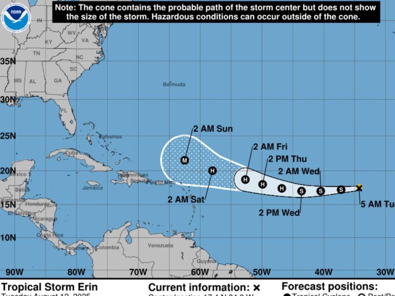 La trayectoria de la tormenta tropical Erin, según el NHC.