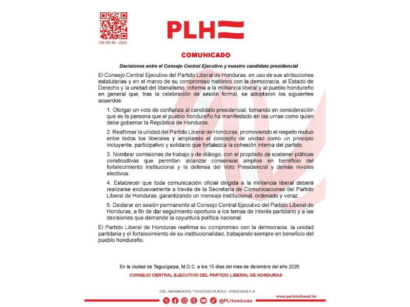 Comunicado oficial del Partido Liberal.