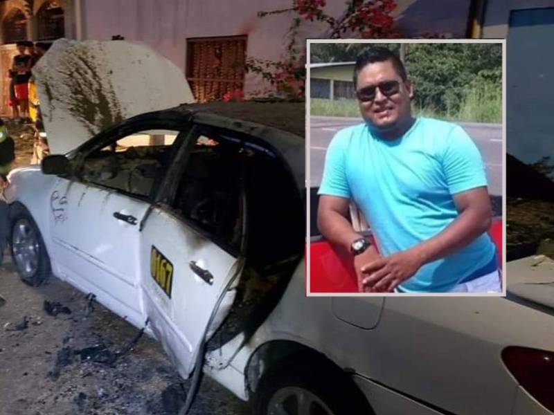 Fotografía del taxi parcialmente incendiado y la víctima en vida.