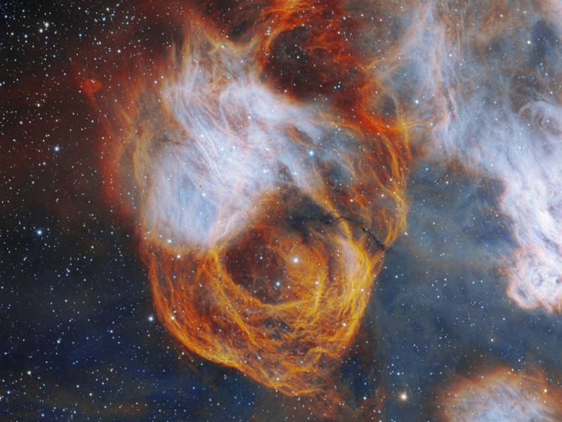 Con tenues capas en rojo, naranja y amarillo, la nebulosa que encierra a NGC 2040 se asemeja a una vibrante rosa en esta imagen captada por el telescopio Gemini Sur, en Chile. Crédito: Observatorio Internacional Gemini/NOIRLab/NSF/AURA.