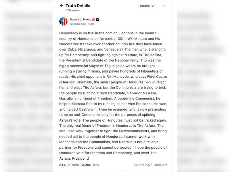 Mensaje de Donald Trump en su red social Truth Social en idioma inglés.