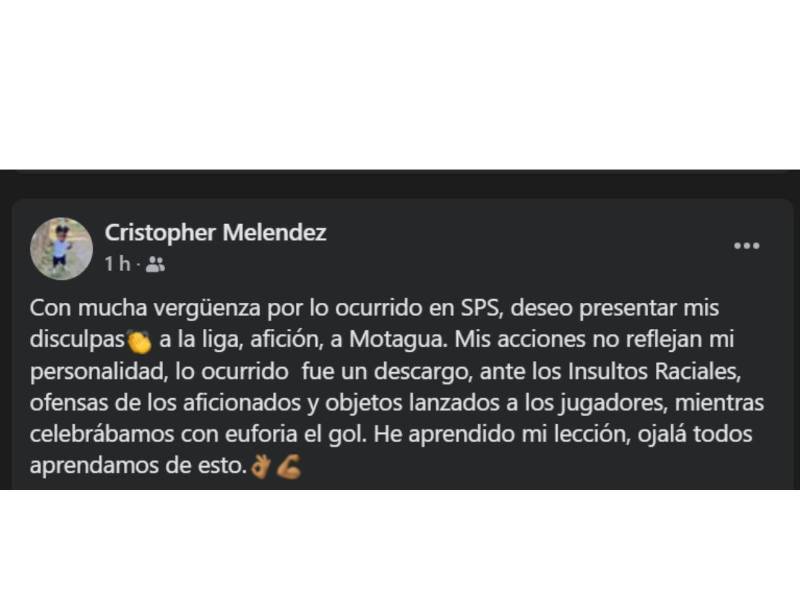 Mensaje de Cristopher Meléndez en redes sociales.