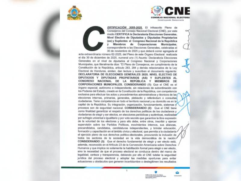 Primera hoja de la declaratoria oficial del CNE en los niveles de diputados y corporación municipal.
