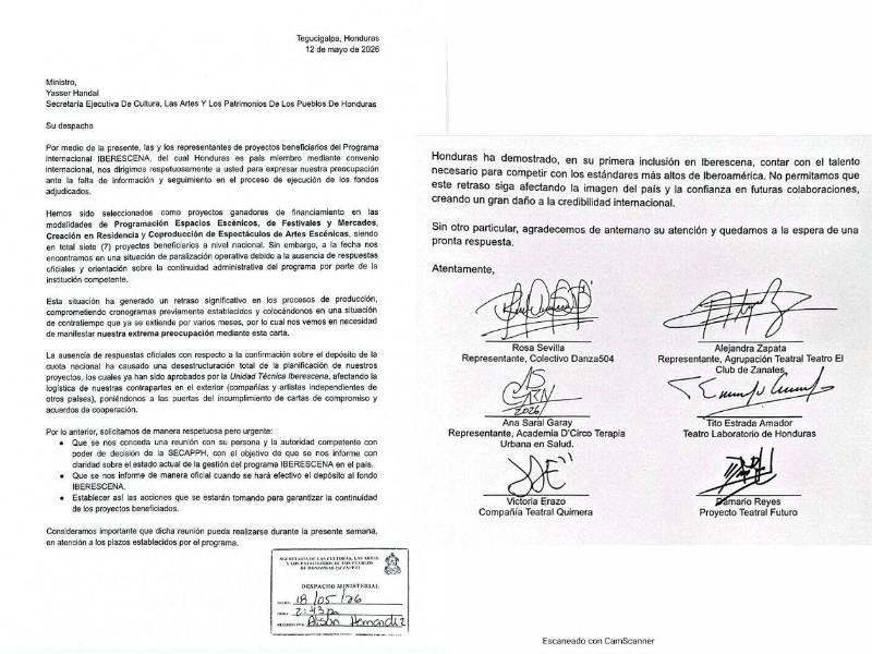 Carta de los representantes de los proyectos culturales al ministro de la Secretaría Ejecutiva de Cultura, las Artes y los Patrimonios de los Pueblos de Honduras (SECAPPH), Yasser Handal, y que la misma no ha sido contestada.