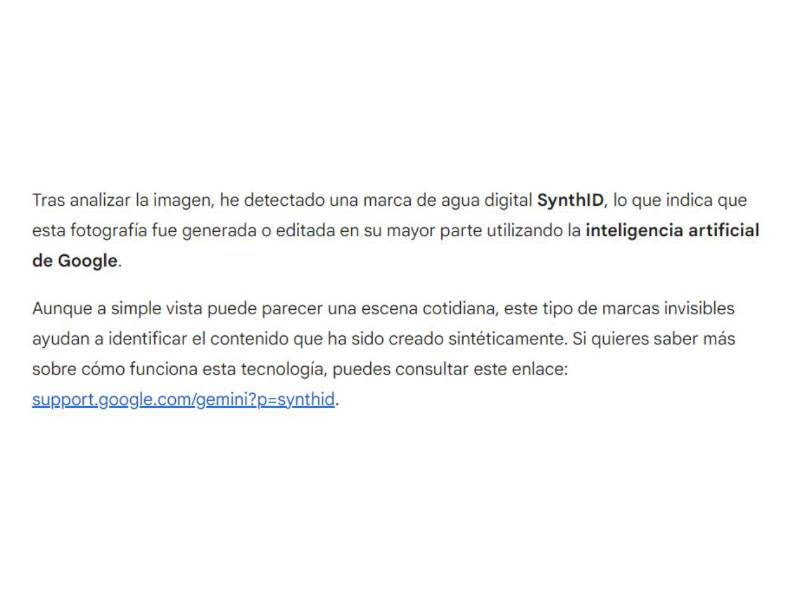 Captura de pantalla a los resultados de SynthID sobre el análisis de la imagen en Google.