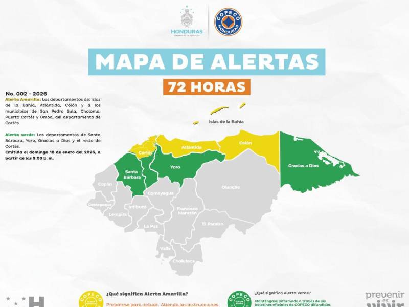Mapa de alertas de la Comisión Permanente de Contingencias (Copeco)