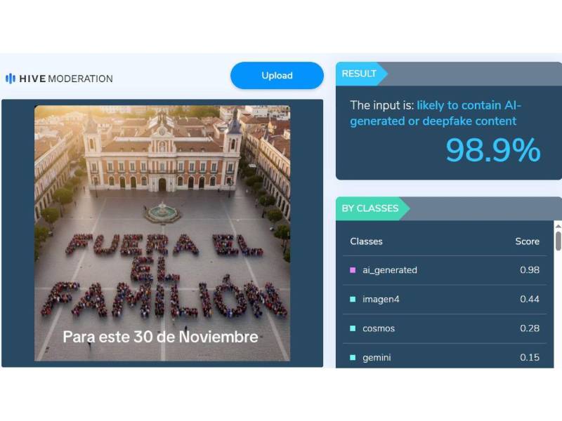 Captura de pantalla a los resultados de Hive Moderation sobre el análisis de video.