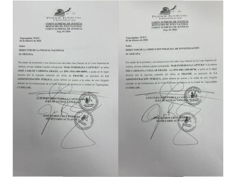 Copia del comunicado oficial de orden de captura en contra de los imputados.