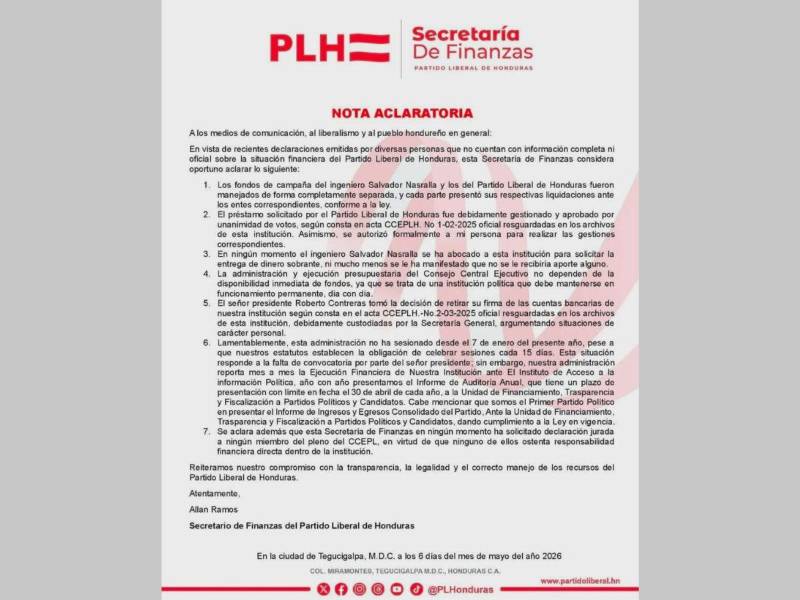 Comunicado oficial del Partido Liberal.