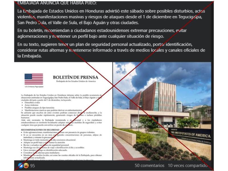 Es falso el boletín de prensa de la Embajada de EUA sobre posible violencia tras elecciones