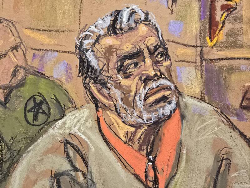 Fotografía de un dibujo realizado por la artista Jane Rosenberg del narcotraficante mexicano Ismael 'el Mayo' Zambada durante el juicio realizado en el Tribunal Federal de Brooklyn este viernes, en Nueva York (Estados Unidos).