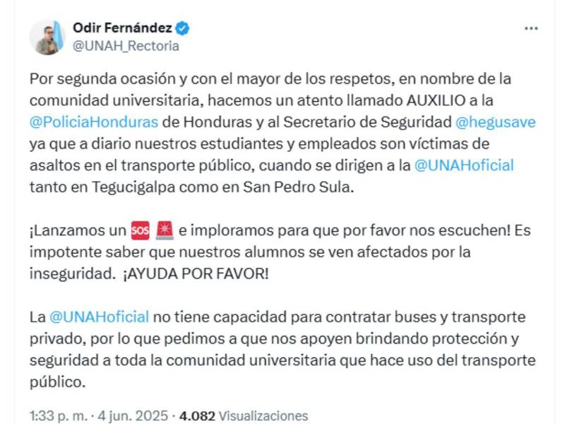 Rector de Unah pide acciones tras ola de asaltos a estudiantes