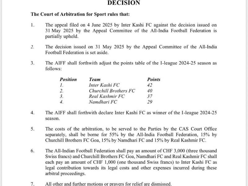 El comunicado del TAS sobre el fallo a favor del Inter Kashi.