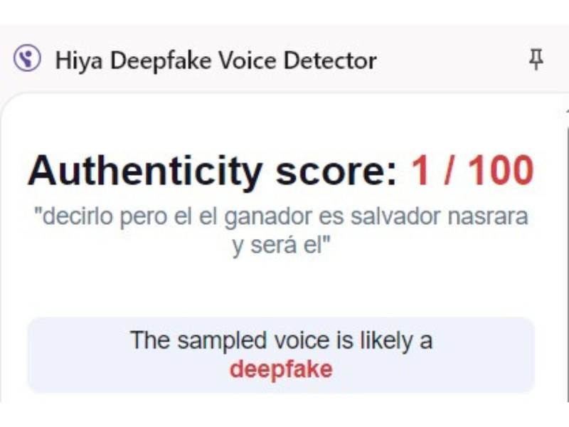 Captura de pantalla a los resultados de Hiya Deepfake Voice Dectector sobre el análisis del video.