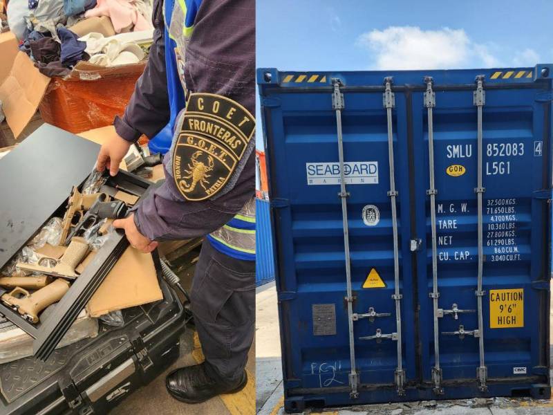A la derecha, el contenedor del que incautaron armas y a la izquierda, parte de las armas decomisadas.