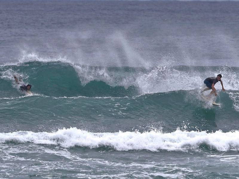 Personas surfean tras el paso del huracán Erin en San Juan (Puerto Rico).