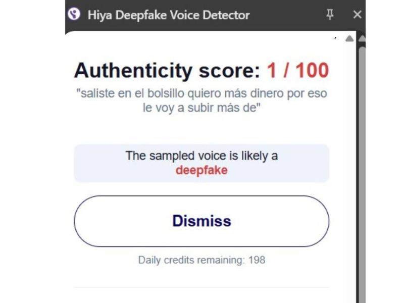 Captura de pantalla a los resultados de Hiya Deepfake Voice Dectector sobre el análisis del video.