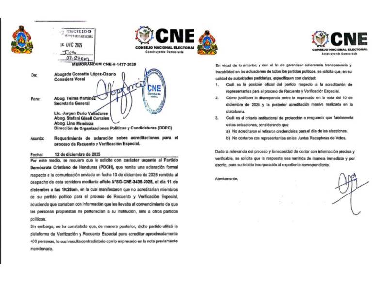 Requerimiento de aclaración sobre acreditaciones para proceso de Recuento y Verificación Especial.