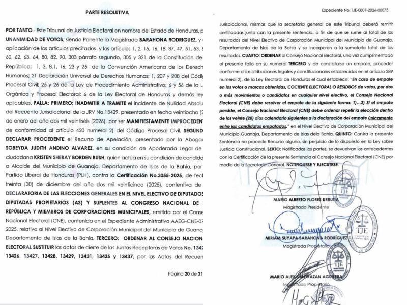 La orden del TJE al Consejo Nacional Electoral de repetir las elecciones en Guanaja.