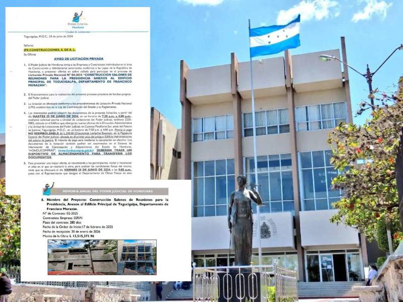 Documentos oficiales revelan que la obra de salones para la Presidencia de la Corte terminó costando L15.7 millones tras procesos fallidos y ampliaciones presupuestarias.
