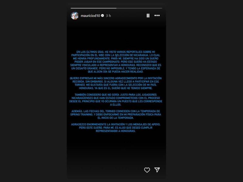 El comunicado de Mauricio Dubón en su cuenta de Instagram.