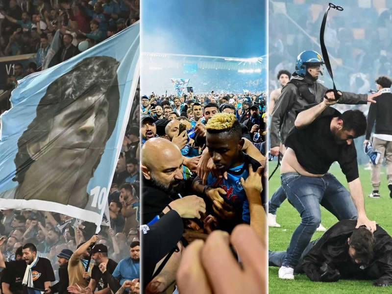 Las imágenes de la celebración del Napoli tras empatar (1-1) contra el Udinese y con ese punto que sumó conquistó el Scudetto de la Serie A 2022-2023 después de 33 años de sequía de títulos.