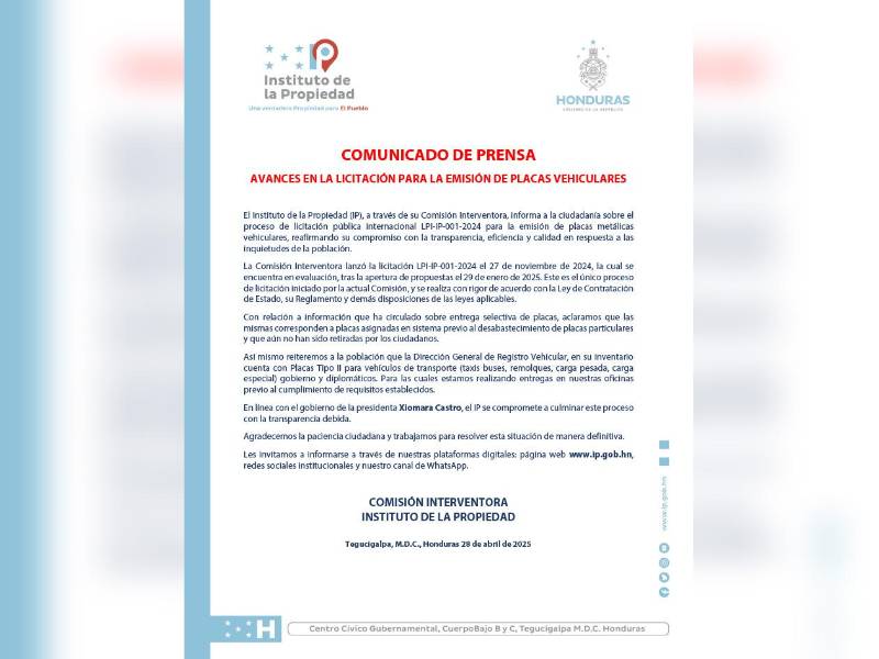 La Comisión Interventora anunció la licitación LPI-IP-001-2024 el 27 de noviembre de 2024.