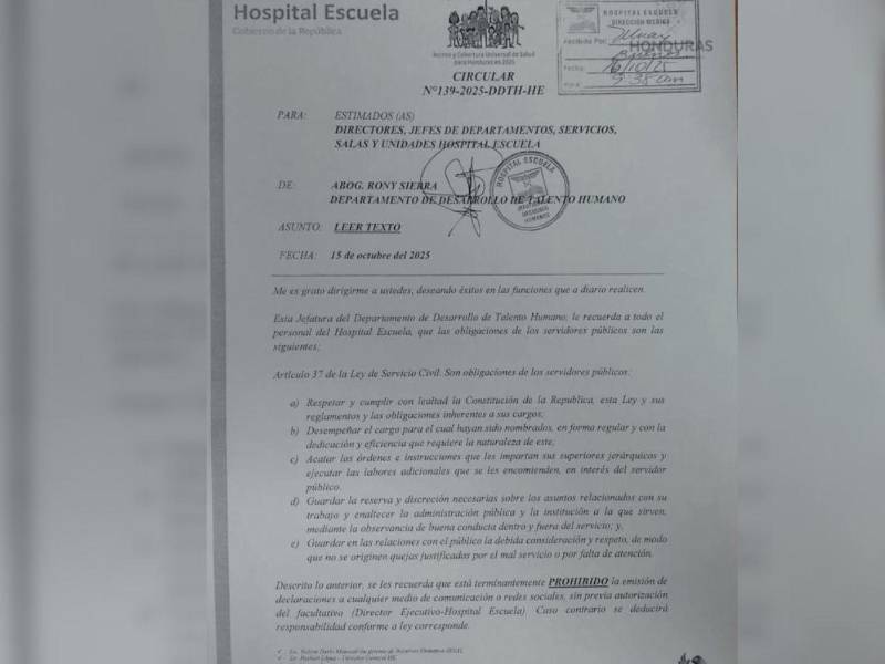 La circular, emitida este miércoles 15 de octubre, lleva la firma del jefe de Desarrollo de Talento Humano del hospital.