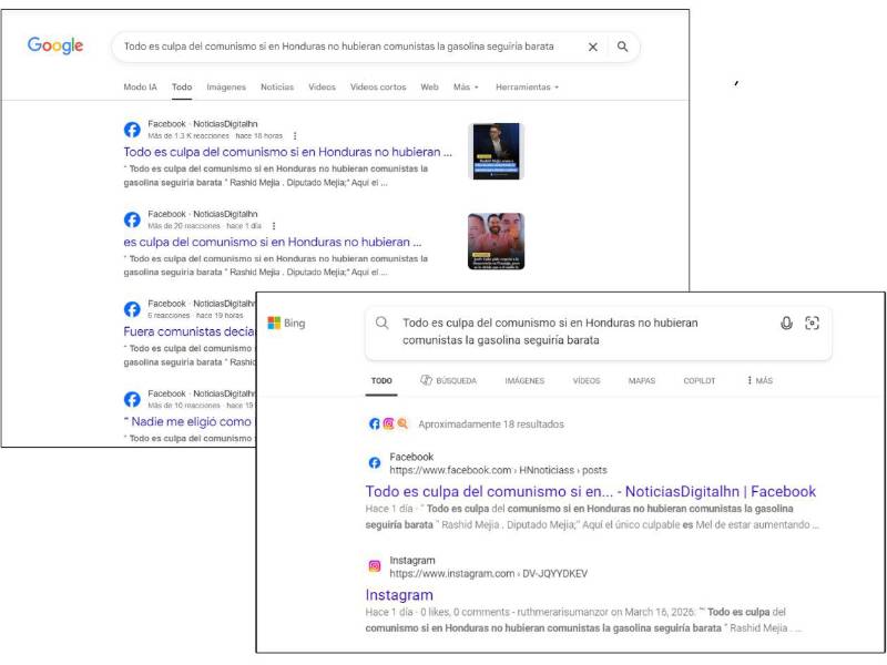 Captura de pantalla a la búsqueda de la frase textual en Google y Microsoft Bing.