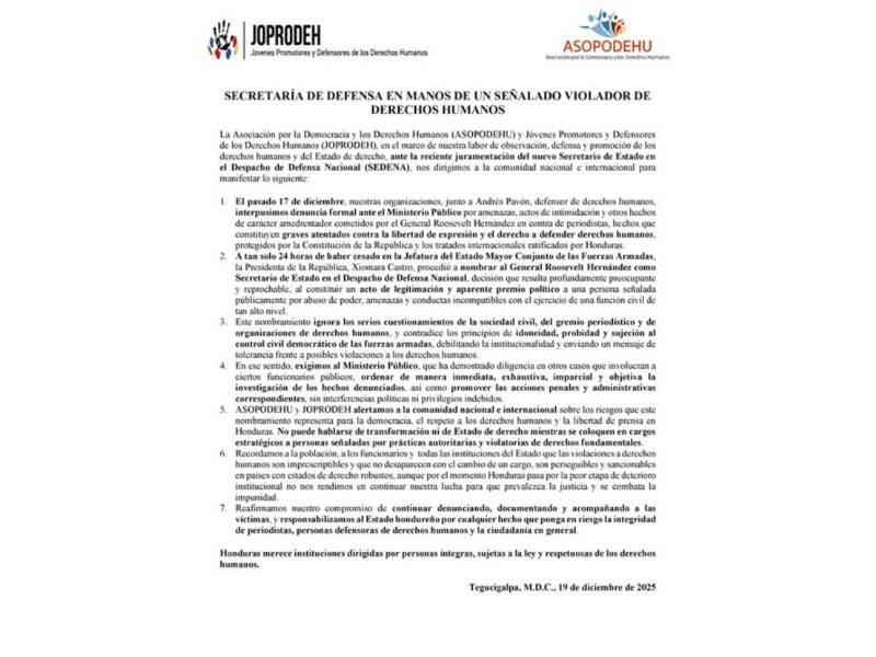 Comunicado oficial de las instituciones defensoras.