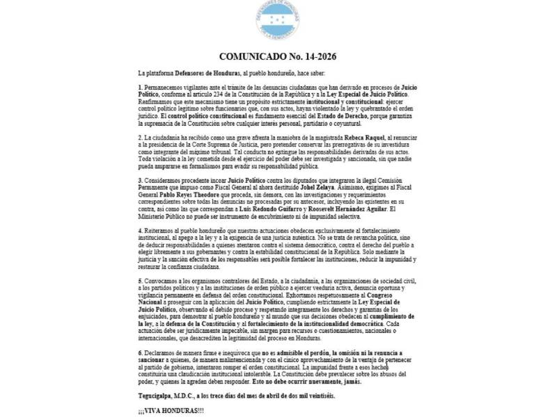 Comunicado oficial de la plataforma Defensores de Honduras.